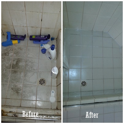 Results after cleaning heavy calcium shower recess 